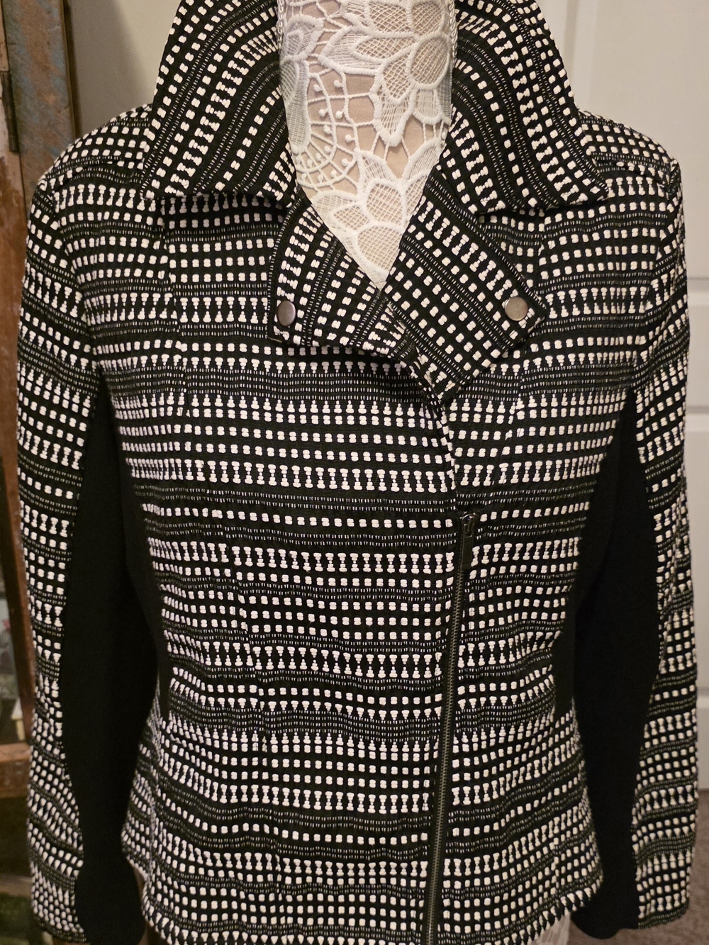 Chico's Black and White Patterned Moto Blazer